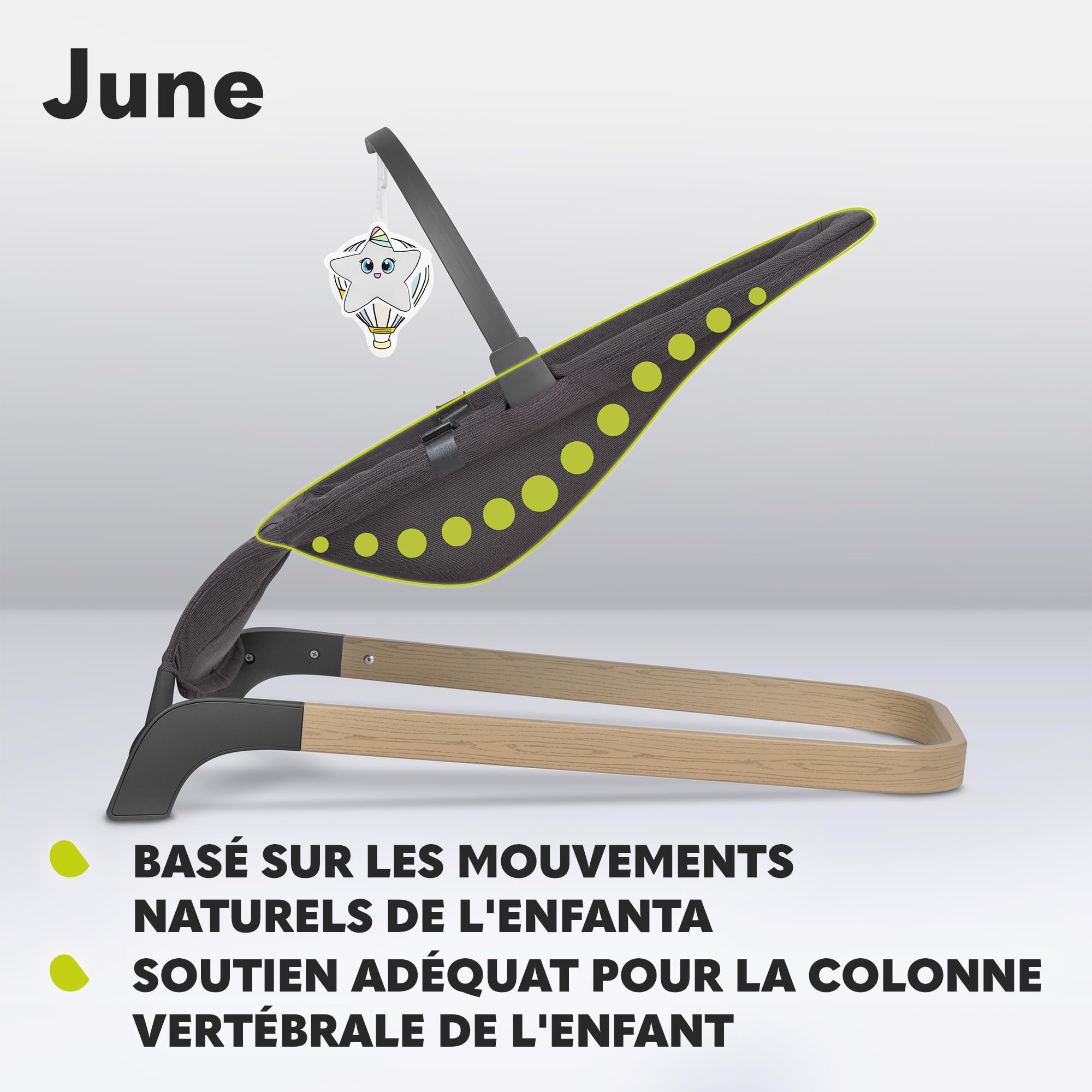 LIONELO June Air transat bébé dès les premiers jours de vie jusqu'à 9 kg, matière aérée, circulation d'air parfaite, léger, stable, antidérapant, bascule pour bébé pliable (Gris Graphite) (Stone)