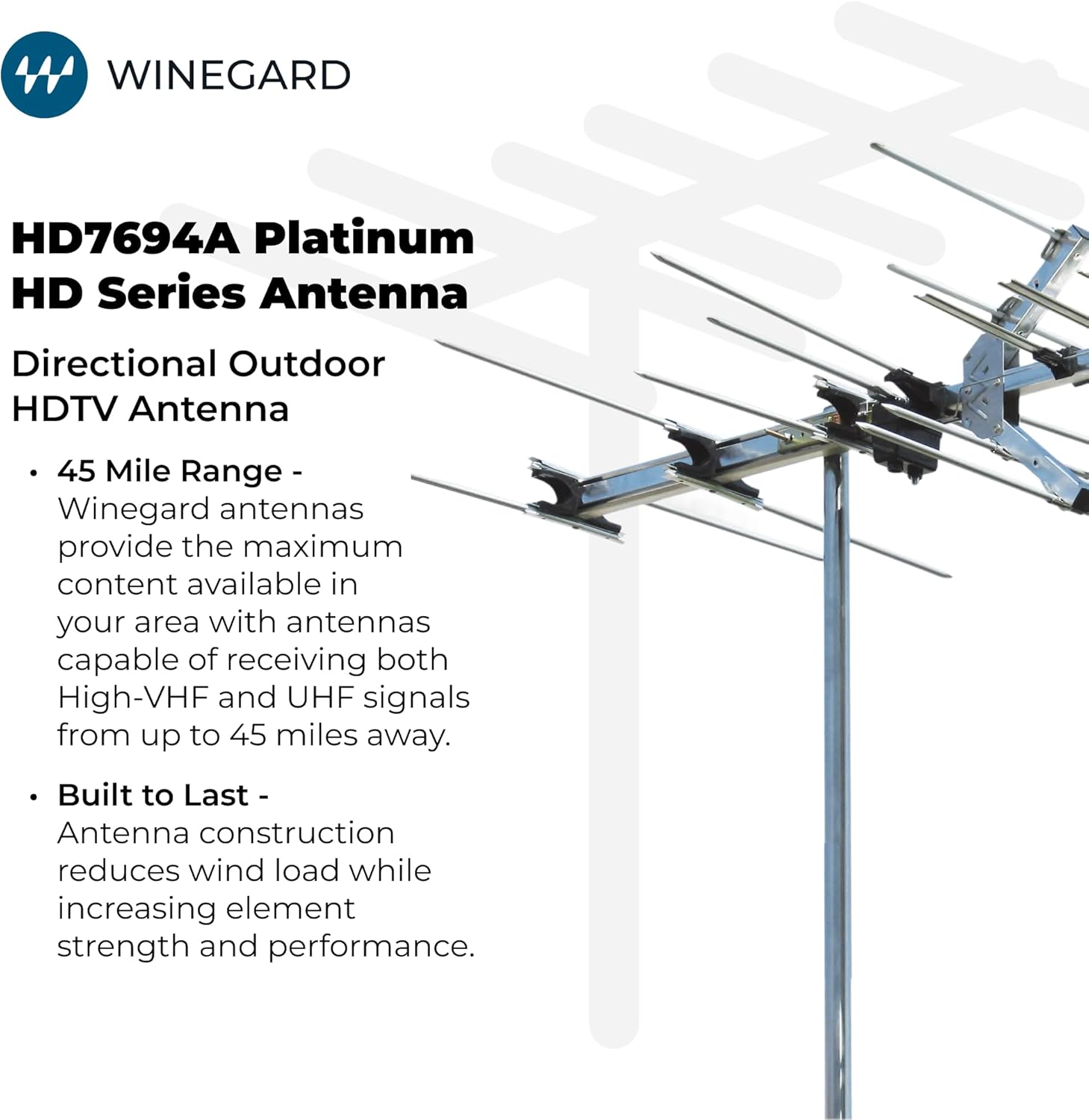 Winegard HD7694A Long Range Outdoor HDTV Antenna - TV ANTENA 45 Mile Range, High-VHF/UHF, 4K Ultra-HD Ready, Free Local Channels, Amplify with Boost XT LNA-200
