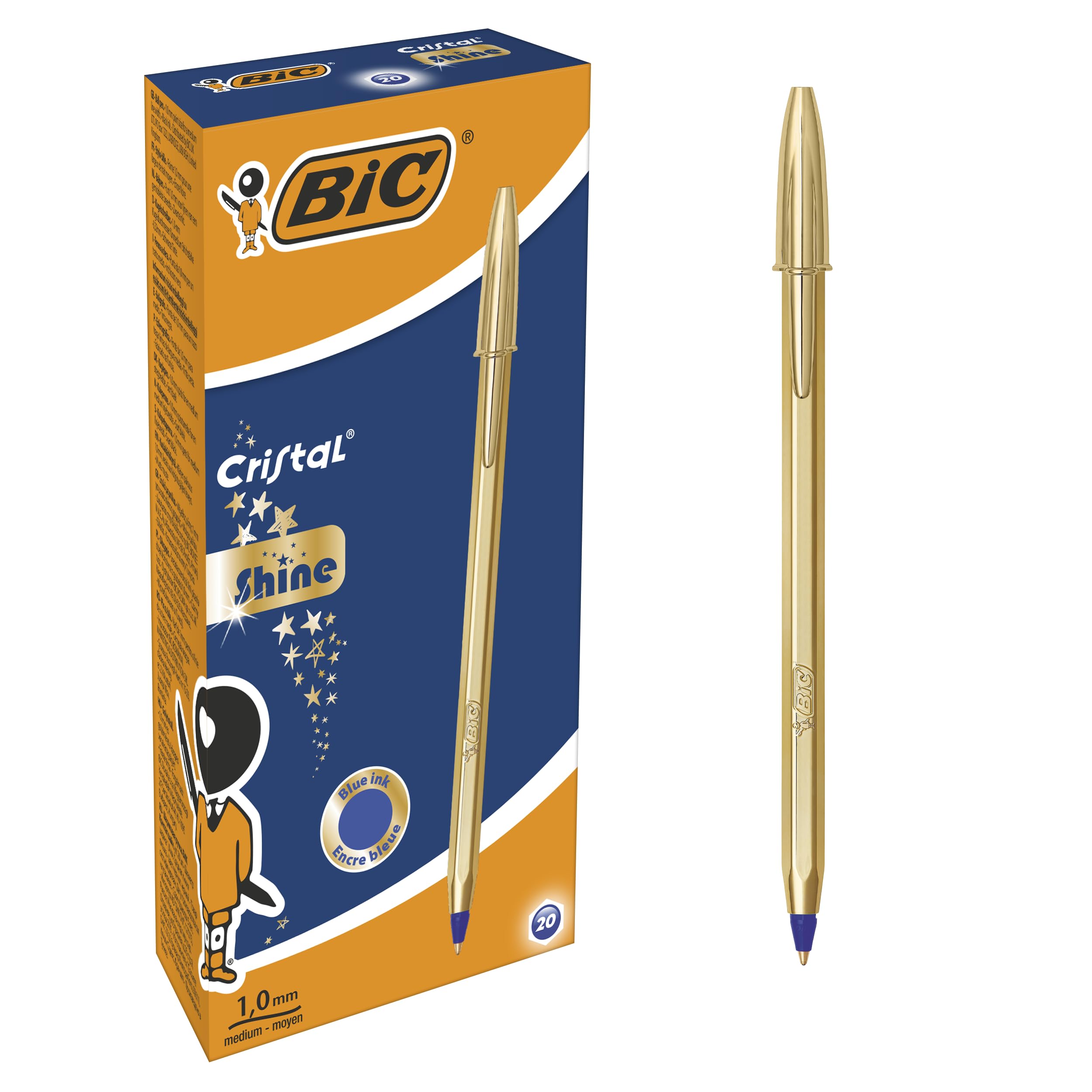 BIC Cristal Original Shine - Stylo-Bille Pointe Moyenne (1,0 mm) Corps Doré - Écriture Fluide et Élégante à Encre Bleue, Boîte de 20