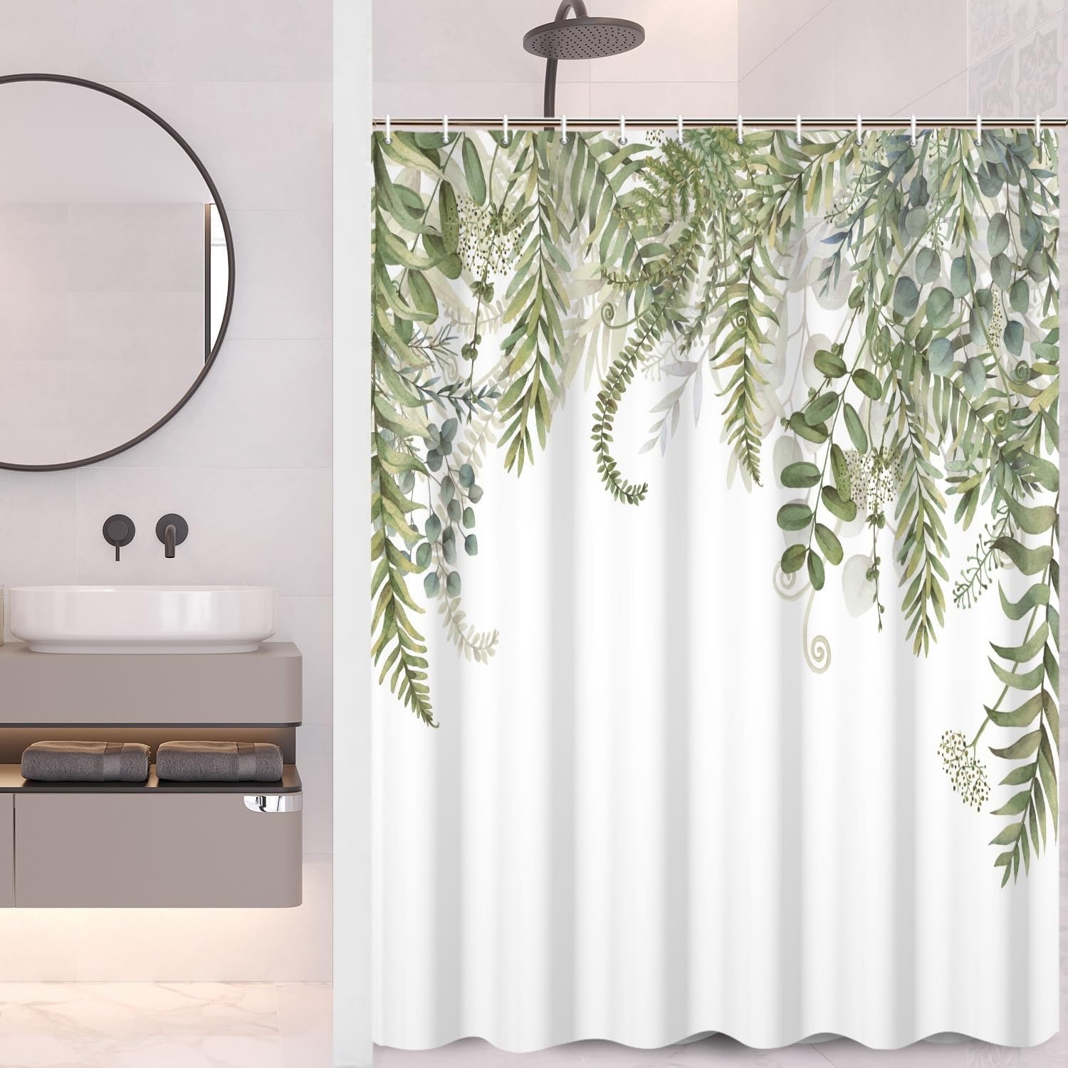 Sage Green Leaves Shower Curtain for Bathroom Tropical Leaf Greenery Botanical Eucalyptus Leaves Watercolor Minimalist Fabric Waterproof Shower Curtain with 12 Hooks, 72x72 Inch