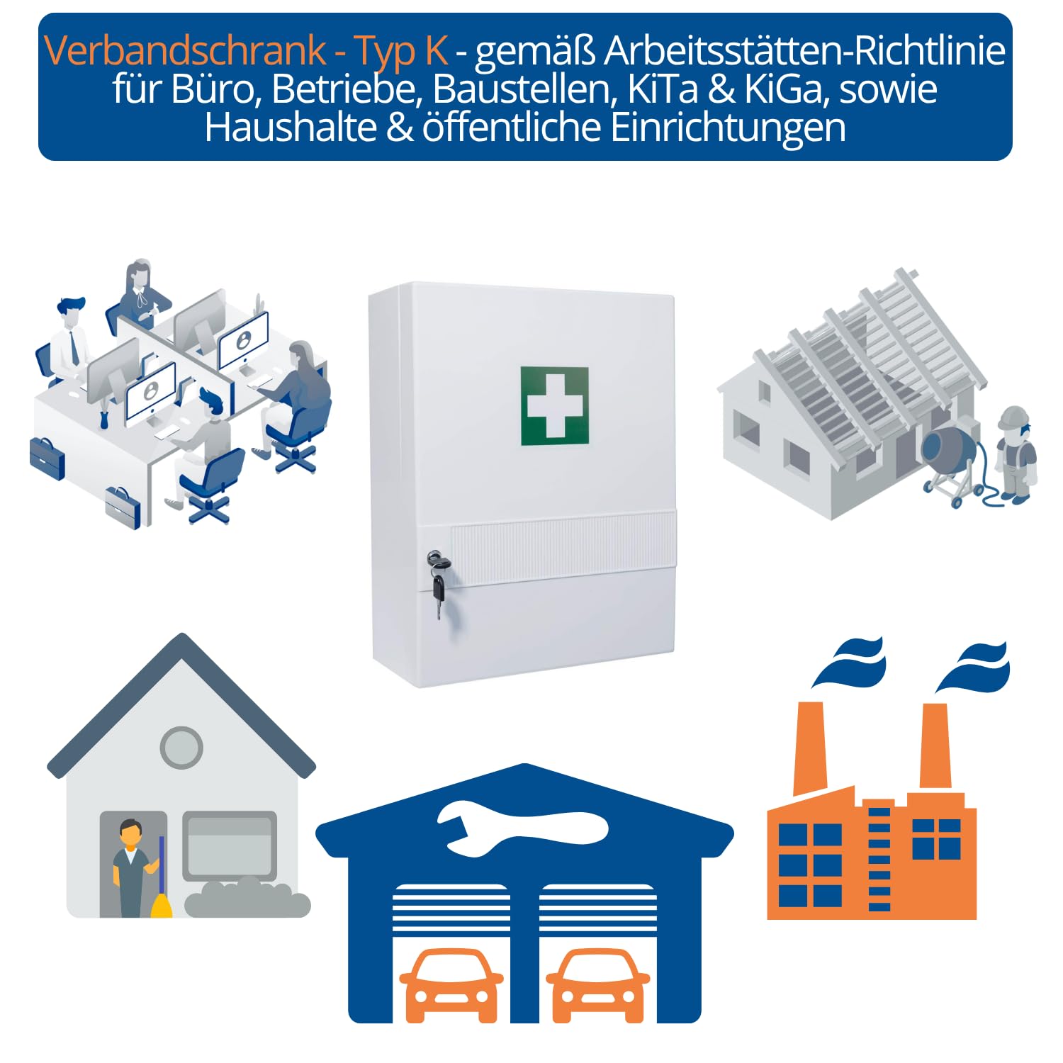 First Aid Products - Erste Hilfe Verbandschrank Kunststoff gefüllt mit DIN 13157, Medizinschrank mit 10 Fächern (4 variabel), Sicherheitsschloss – 45 x 34,5 x 16 cm - robust, kompakt & hängend Wand