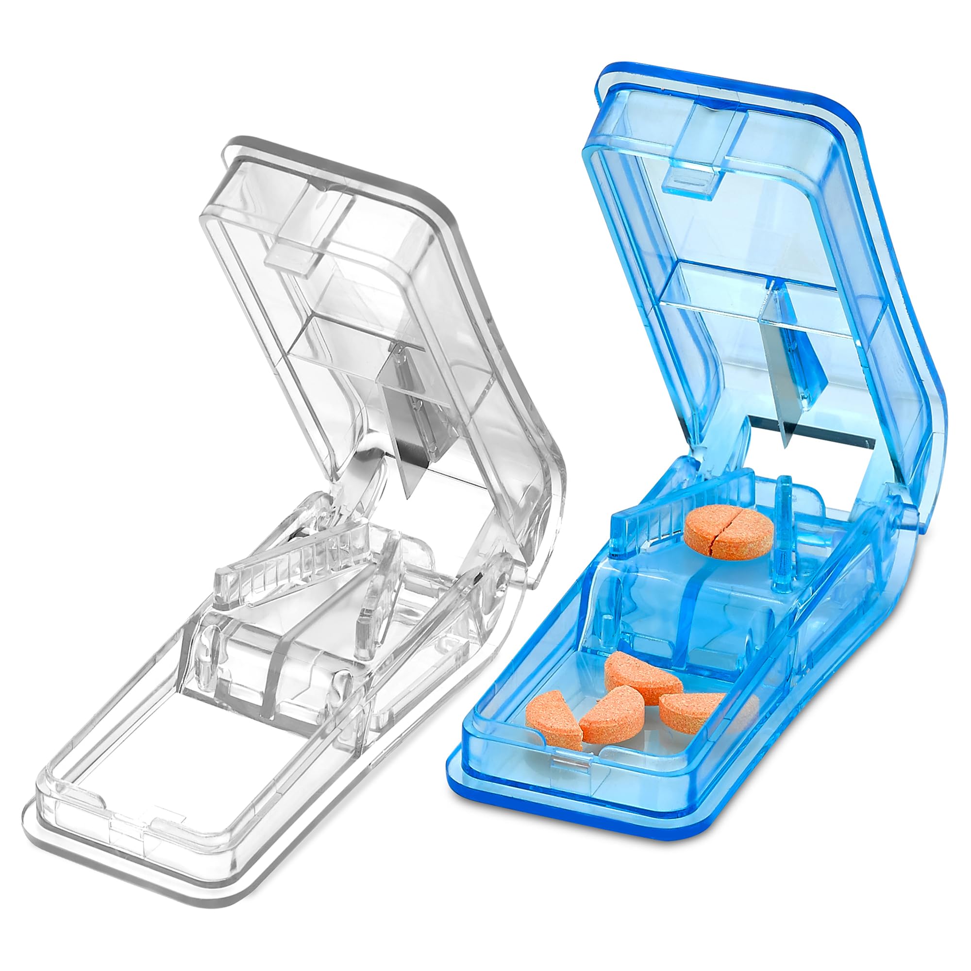 Pill Splitters - (Pack of 2) Pill Cutters with V- Grip for Small and Medication - Easily Cut Pills, Splitter Cutter and Crusher with Pill Holder Case to Spli