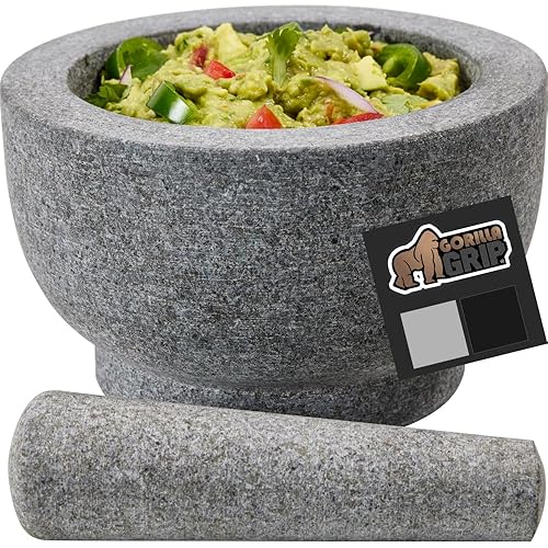 Gorilla Grip Juego de mortero y mortero de granito resistente sin pulir capacidad para 4 tazas cuenco de piedra para guacamole salsa trituradora de