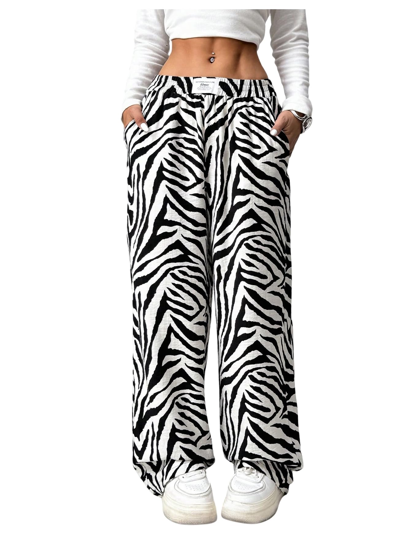 Verdusa Womens Plus Size Animal Print Workout Pants Streetwear Straight Leg Long Trousers with Pockets