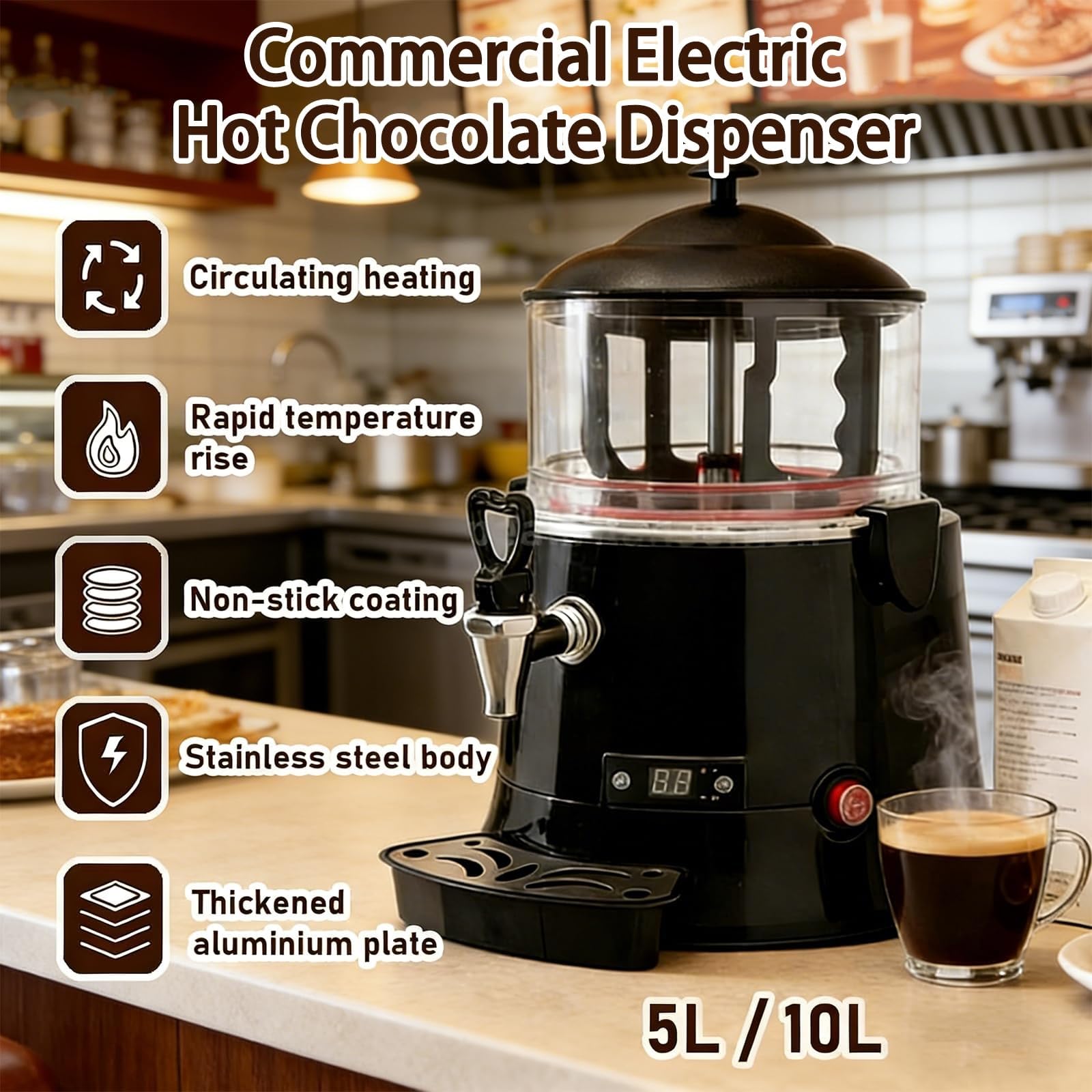 Machine à chocolat chaud commerciale et distributeur – Réchauffeur de boissons, acier inoxydable, réglage 30~90 ℃, 600 W, for chauffer le café, le thé au lait(10L)