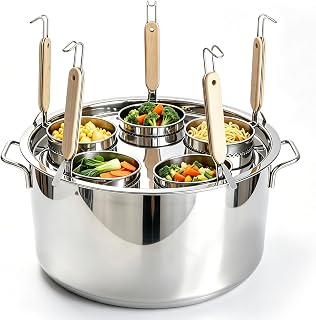 Commercial Pasta Cooker Pot 39 QT with 5 Strainer Baskets, Stainless Steel Pasta Boiler with Lid, Multi Basket Pasta Pot for Restaurant & Home