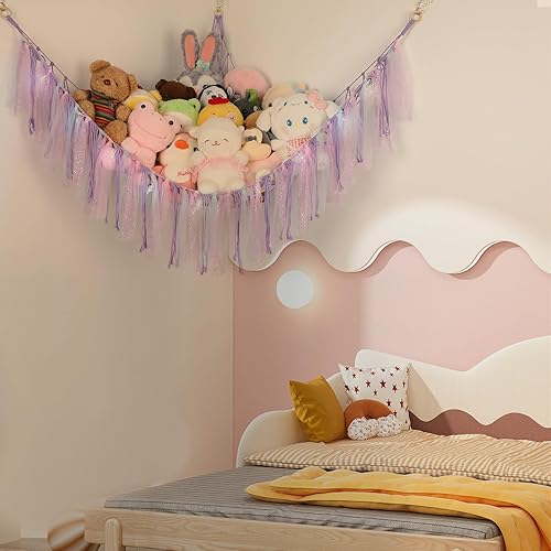 Miniatura 5 de Hamaca de animales de peluche con luces LED, red grande de almacenamiento de juguetes de 59 pulgadas para dormitorio de niños, organizador de felpa
