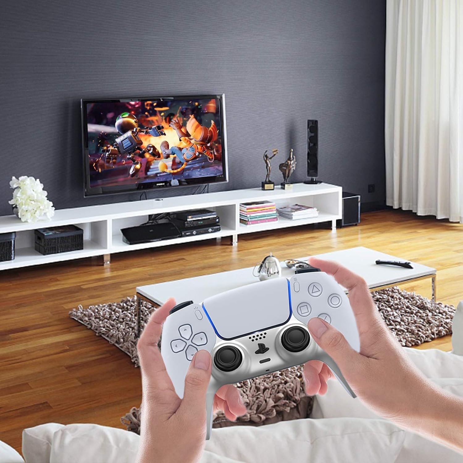 NexiGo PS5 Controller Skin, Custom DIY Faceplate Replacement Shell Decoration Accessories, Grip Decorative Strip for Sony Playstation 5 DualSense Controller, 2 Pack (Blue & Sliver)
