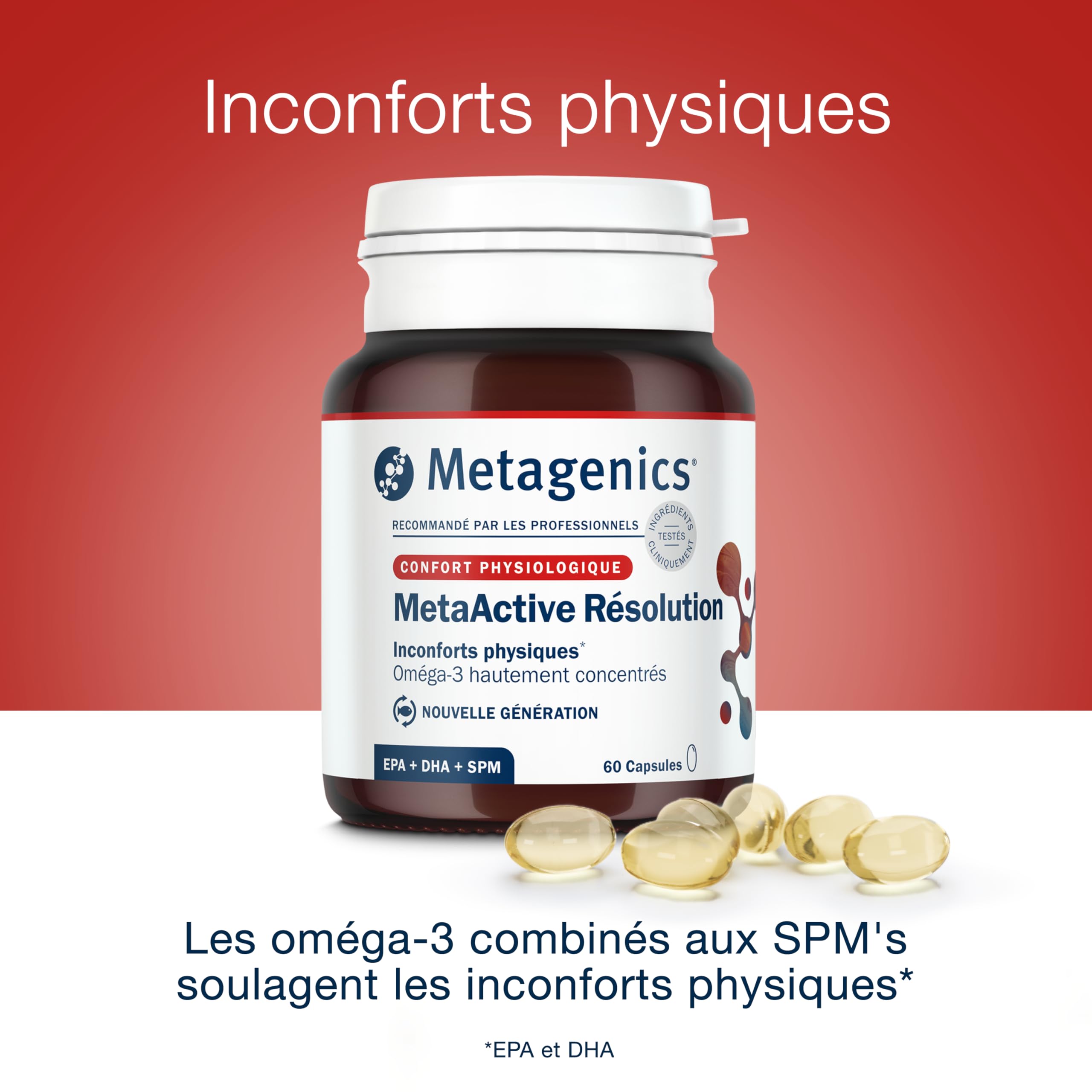 Metagenics MetaActive Résolution, Oméga-3 EPA/DHA SPM, 60 Gélules | Huile de poisson riche en EPA et DHA. Les oméga-3 EPA et DHA contribuent à une fonction cardiaque normale.
