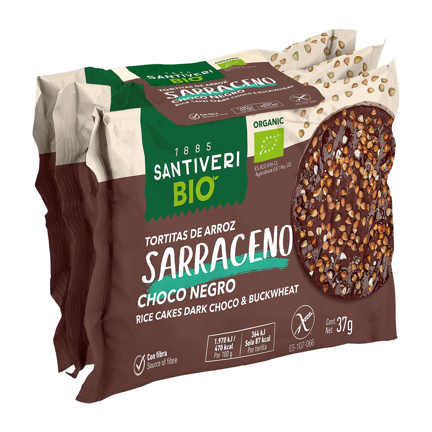 Santiveri Tortitas de Arroz y Trigo Sarraceno con Chocolate Negro BIO Sin Gluten 3x37g