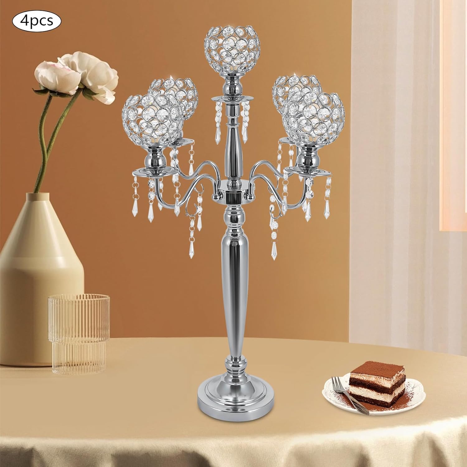 PERFERATE 4 Pcs 5 Arm Crystal Candelabra Centerpieces for Tables 29.5 Inch Tall Crystal Candle Holders Floor Candlestick Formal Party Decorations for Tables Wedding Party Dinner (Silver)