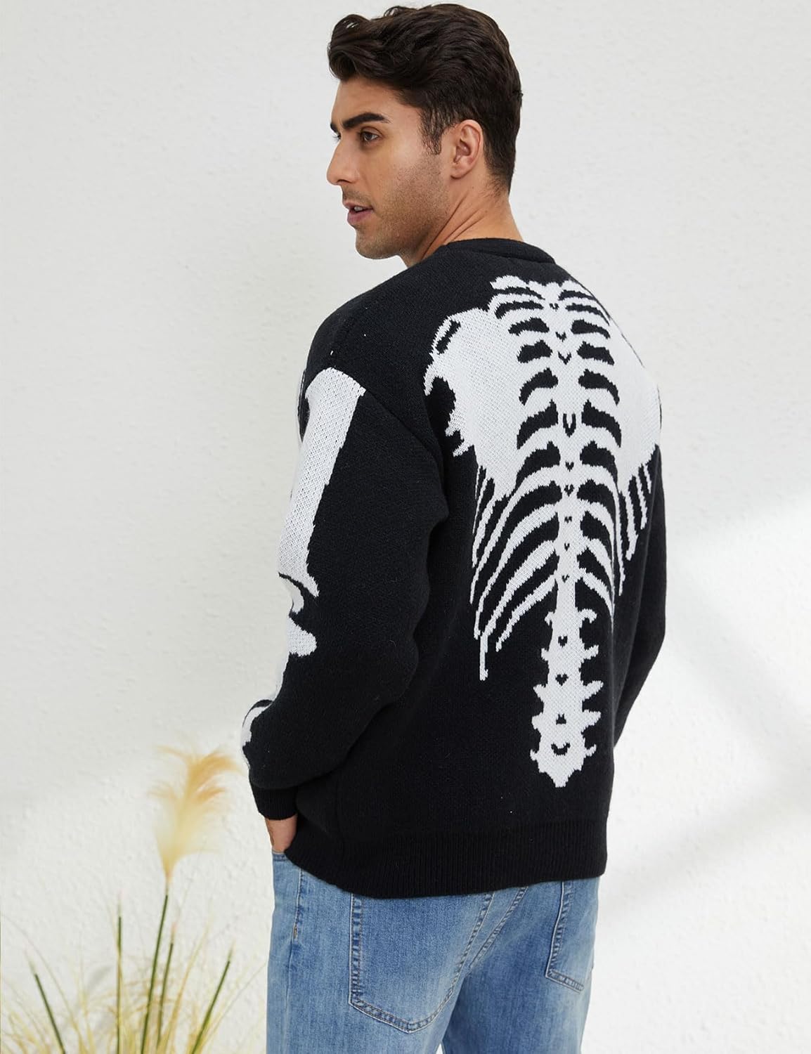 Yimoon Men's Skeleton Print Cardigan Sweaters Casual V Neck Button Down Open Front Sweater Coats