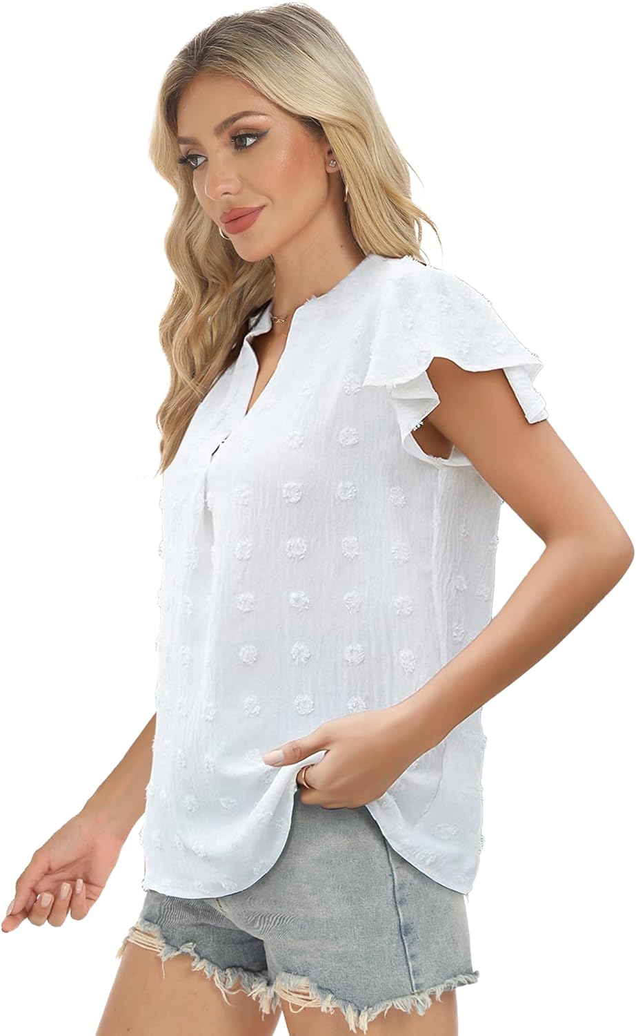 Womens Blouse V Neck Ruffle Short Sleeve Flowy Shirts Dressy Casual Cute Summer Tops Tunic Fashion Clothes - Image 4