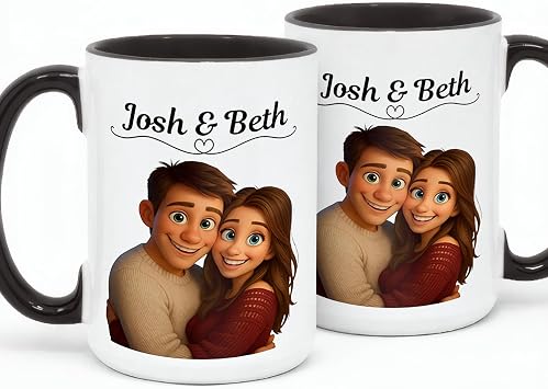 Personalized 3D Cartoon Couple Mug With Custom Illustration, Animated Style Portrait Coffee Cup, Custom Couple Photo Mug With Names, Meaningful Anniversary Valentine Gift