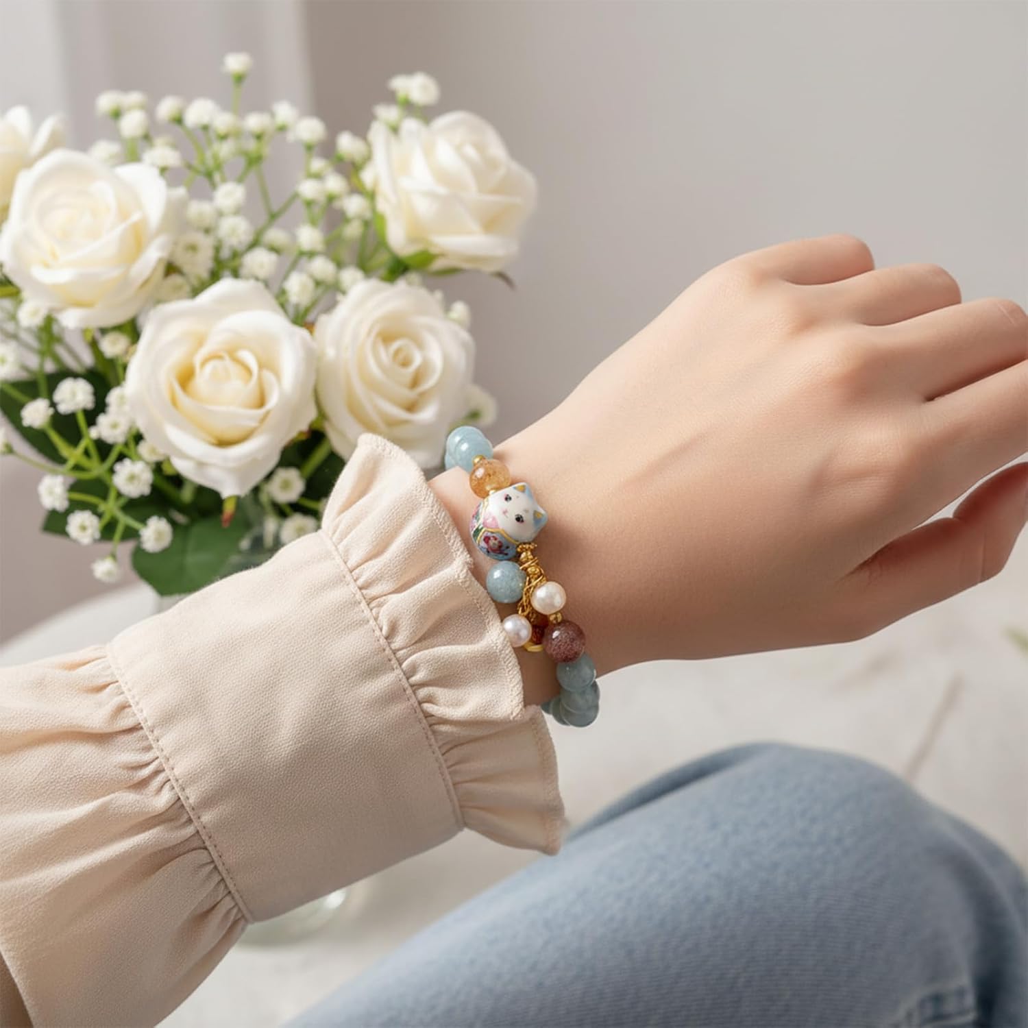 Blue Crystal luck Cat Bracelet and Cat Ceramic Ornament Feng Shui Bracelet for Women Protection Positive Energy Bracelet Lucky Jewelry Gifts - Image 6