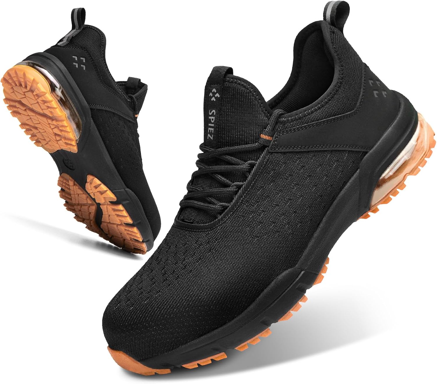 SPIEZ Safety Shoes for Men Women - Air Cushion Non-Steel Composite Toe, Lightweight Fashion Sneaker Design,Slip-On with Adjustable Laces, All-Day Protection, Black Orange US 6-13.5