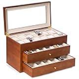 Bey-Berk Duke Cherry Wood Watch Box – 36 Slot Organizer with Glass Top, 2 Drawers & Velour Lining for Storage