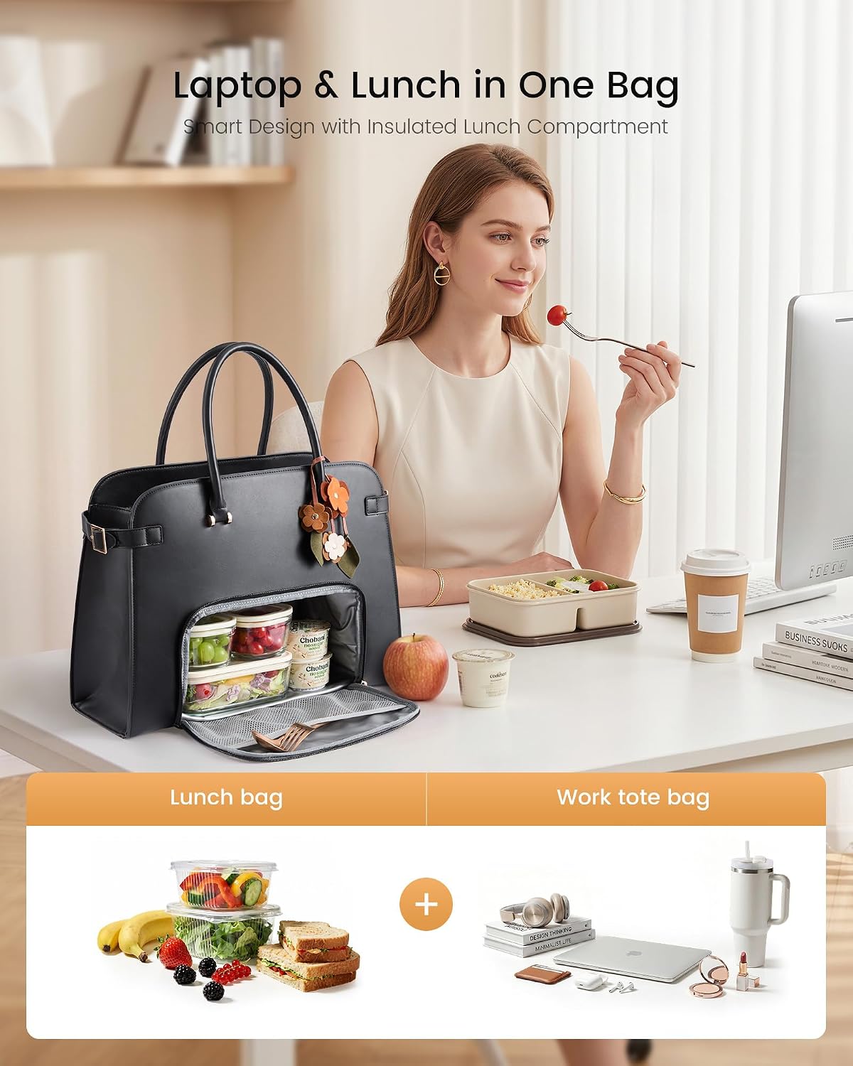LOVEVOOK Lunch Tote Bag for Women, Insulated Lunch Bag with 15.6 Inch Laptop Compartment, Expandable Leather Work Tote with 40oz Tumbler Pocket, Office Bag for Teacher Nurse Travel image 3