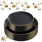 KIRE 60PCS Black Plastic Plates - Black Disposable Plates with Gold Rim for Halloween Party/Graduation - Include 30Pcs 10.25inch for Dinner and 30Pcs 7.5inch for Dessert