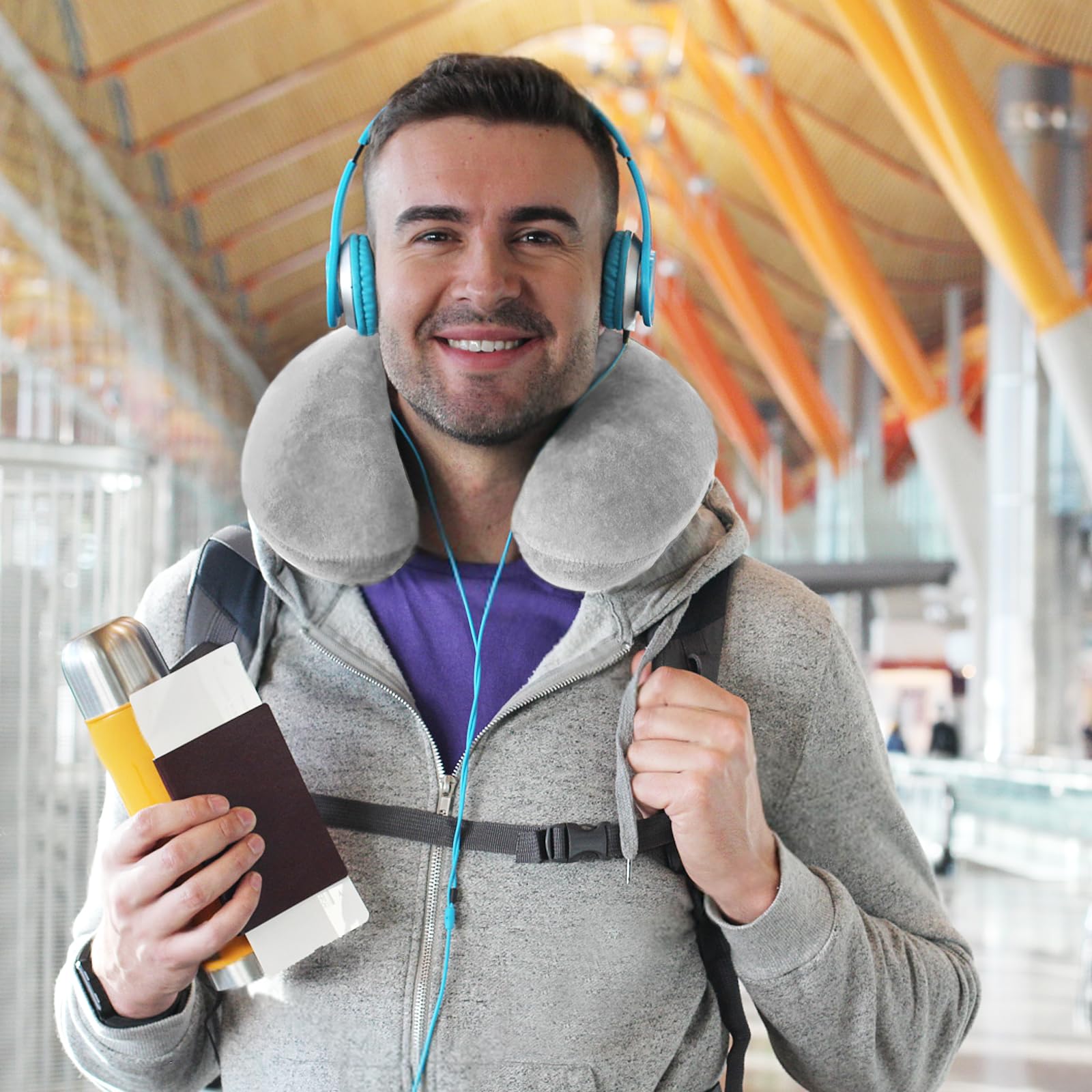 Cuscino Da Viaggio Gonfiabile In Velluto - Ergonomico Per Collo, Pieghevole Per Aereo E Auto - Foto 5