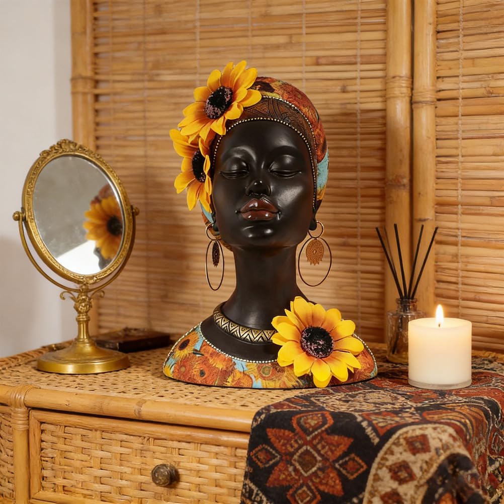 African Bust Figurine, 8.5 Inch Sunflower Decor Resin Sculpture for Home, Hand-Painted Black Statue with 3D Flowers for Desk Decor, Bohemian Office & Living Room Decor, Unique Gift Idea