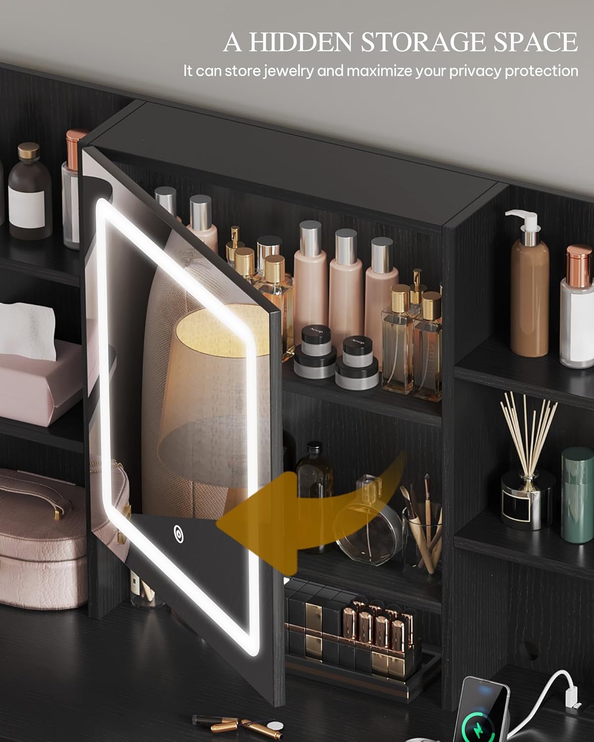 YITAHOME Vanity Desk with Mirror and Lights, Power Outlet, Makeup Vanity Table Set with 3 Storage Drawers, Chair and 6 Open Shelves, Lights 3 Colors, Bedroom, Black