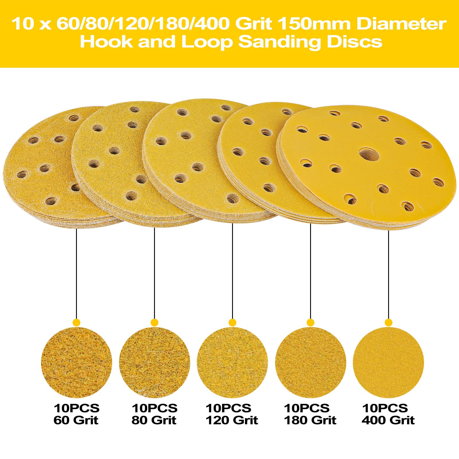 STEBRUAM 150 mm, papier ścierny, rzep, 15 otworów, krążki szlifierskie, zestaw 50 sztuk do szlifierek mimośrodowych, 10 x P60, P80, P120, P180, P400, mieszane ziarno, do drewna, metalu i farby