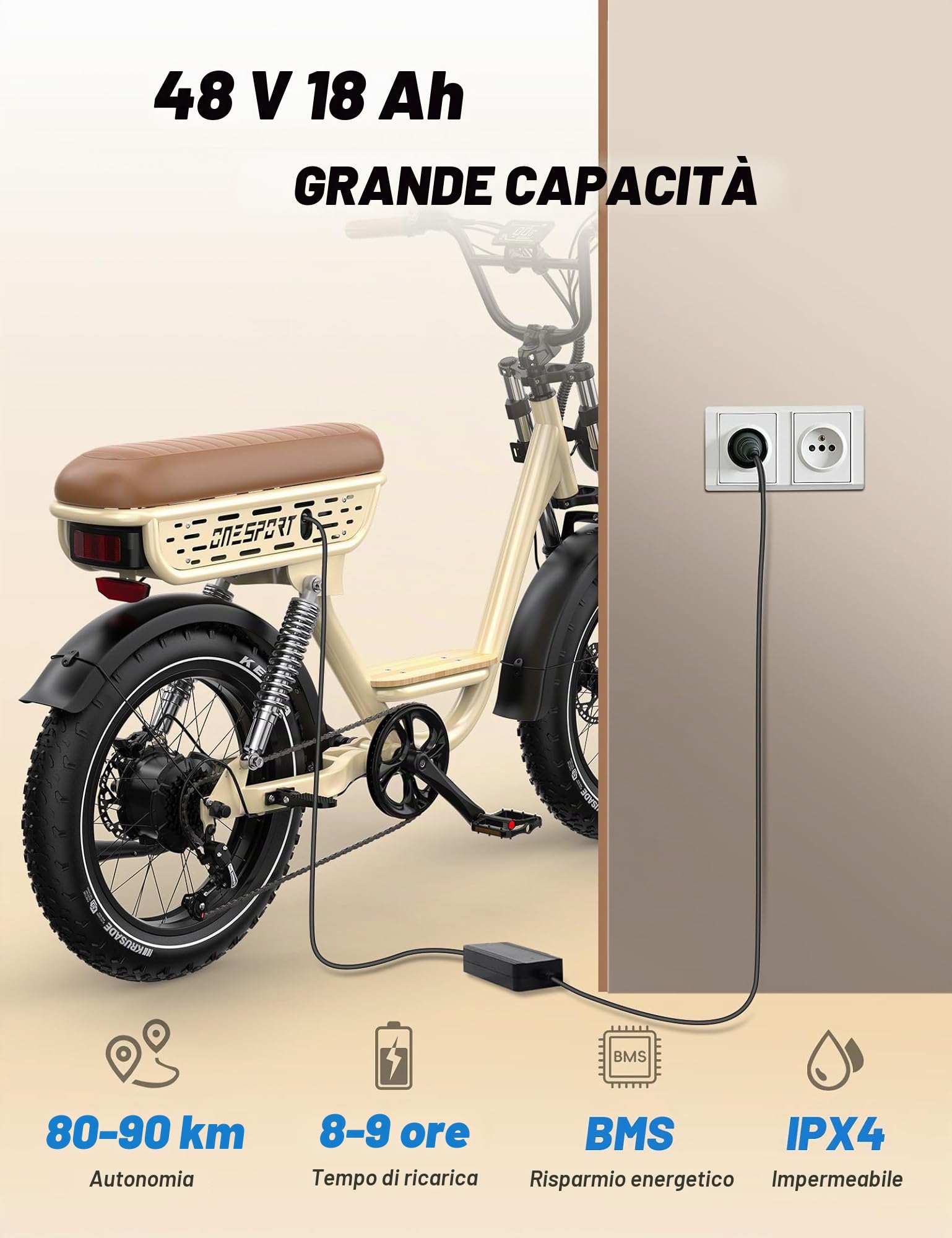Onesport W66/W77 E Bike Elettrica, 20 X 4 Pollici Fat Tire Ebike con Batteria 48V 18AH/13.5AH Autonomia 30-100KM, Sospensione Integrale & Freni Idraulici, Bici Elettrica Uomo e Donna con Bluetooth APP