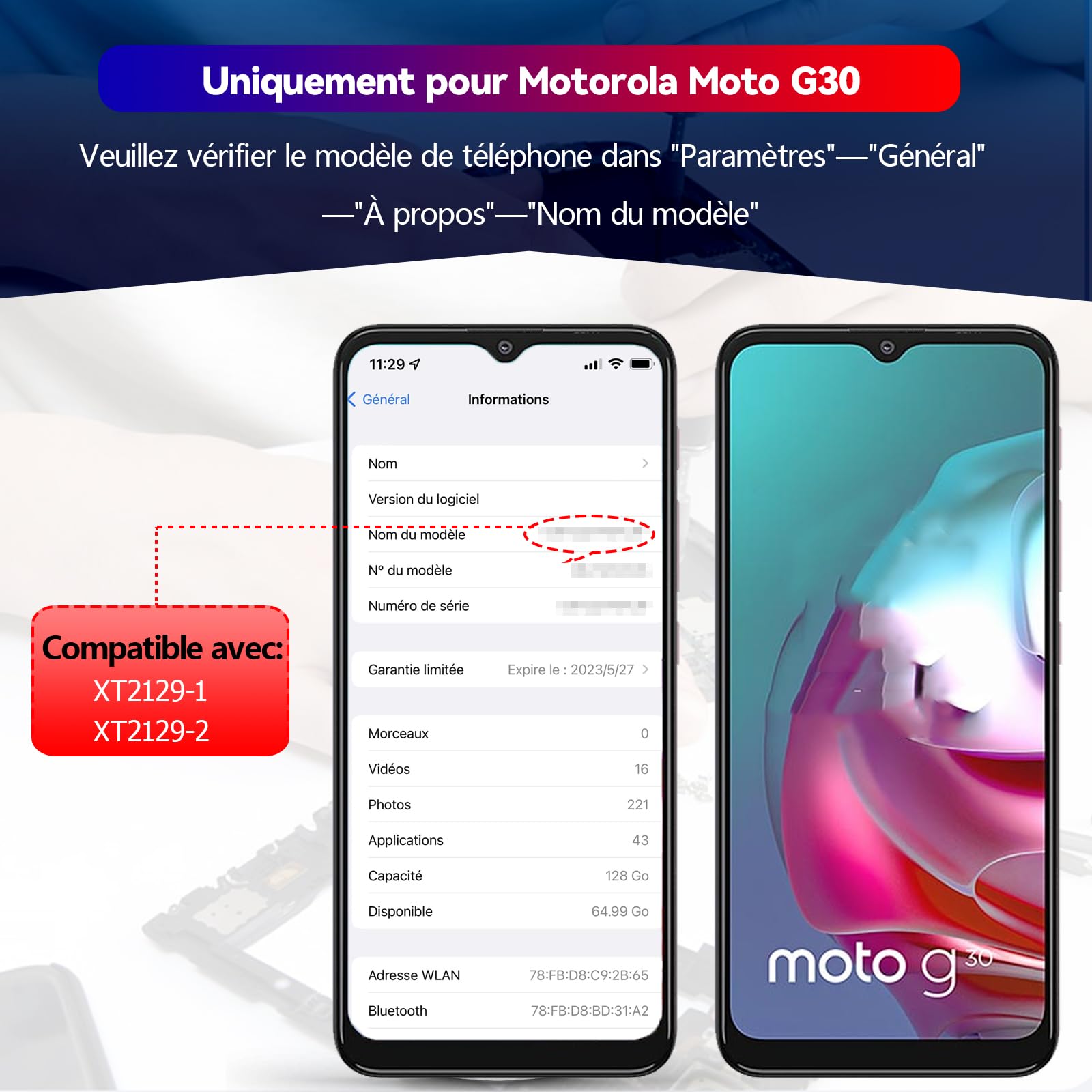 RongZy Écran LCD pour 6.5" Motorola Moto G30 XT2129-1 XT2129-2 Écran De Remplacement Numériseur Tactile Panneau Assemblé De Réparation avec Outils(Noir avec Cadre)