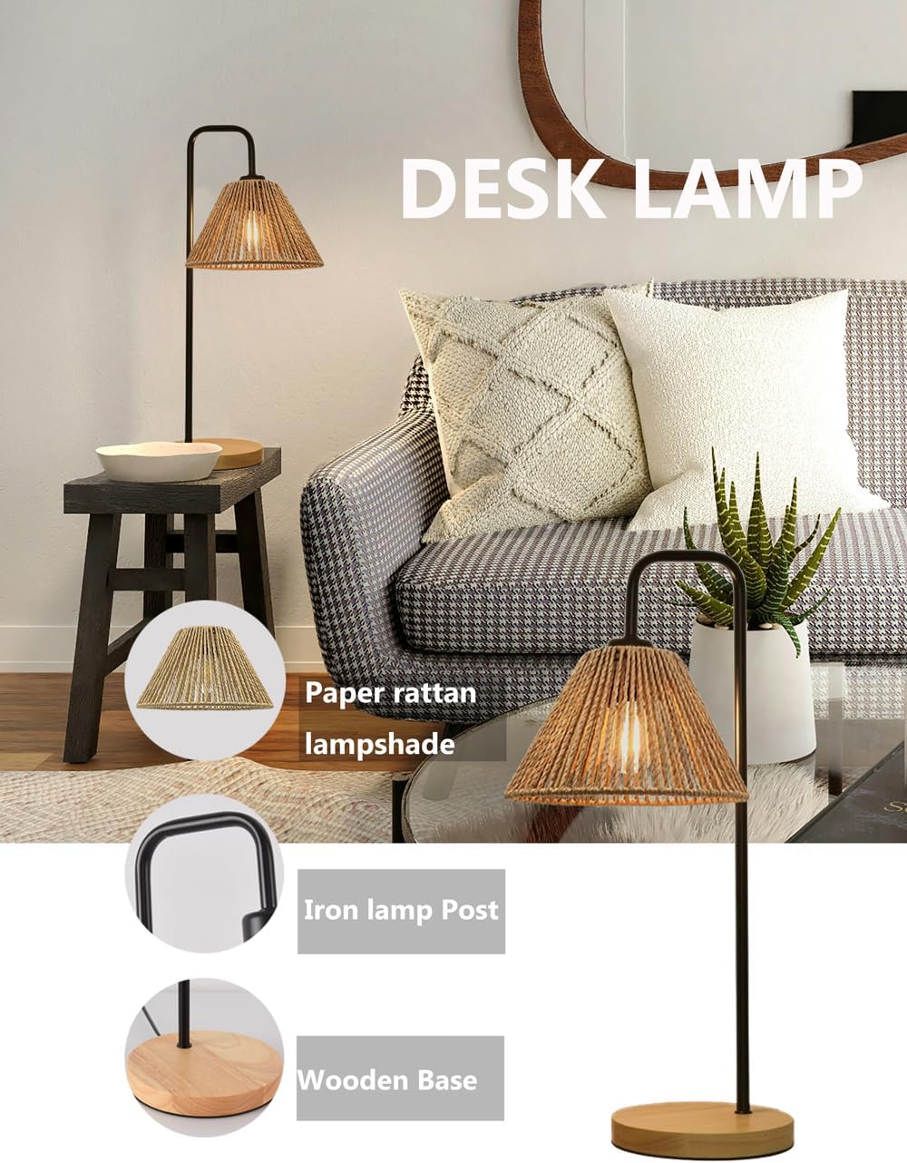 Small Bedside Night Table Lamp for Bedroom, Minimalist Nightstand Lamp with Boho Paper Rattan Shade, Study Reading Desk Lamp for Kids Room, Living Room, College Dorm, Home, Office