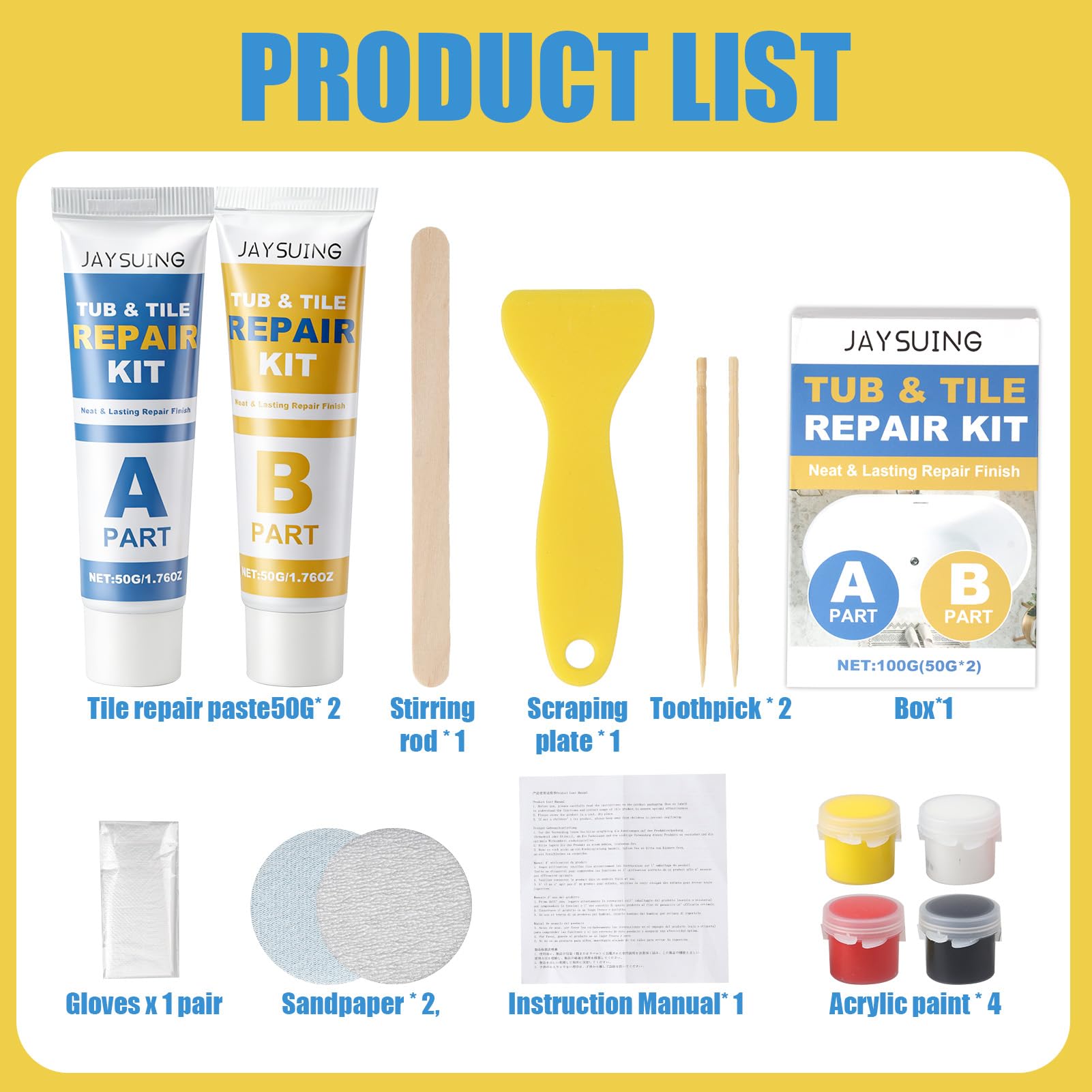 Kit Riparazione Piastrelle per Superfici in Ceramica e Marmo, Kit Riparazione Ceramica con Resina Epossidica AB 50G×2, Spatola e Accessori per Lavabo, Vasca, Piatto Doccia, Pareti e Pavimenti