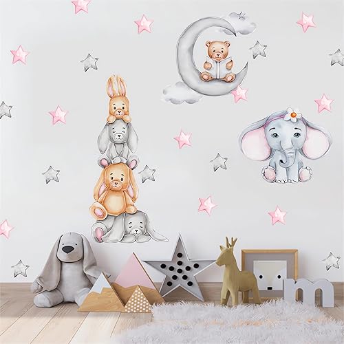 Calcomanías de pared con diseño de oso bebé, elefante y conejo, diseño de sacinora Moon y estrellas, diseño de animales de dibujos animados,