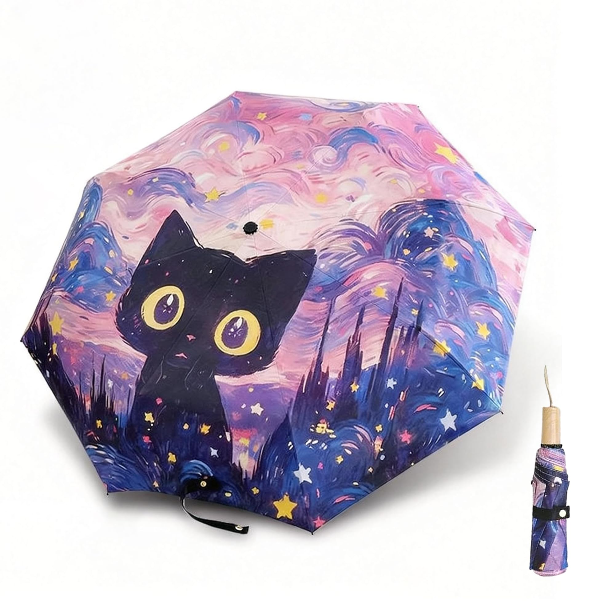 Maibar UV Umbrella Sun Protection Hand Parasol UV Blocking UPF 50 SPF 50 Cat 3D Pattern Compact Folding Umbrella for Women (Manual Lift)