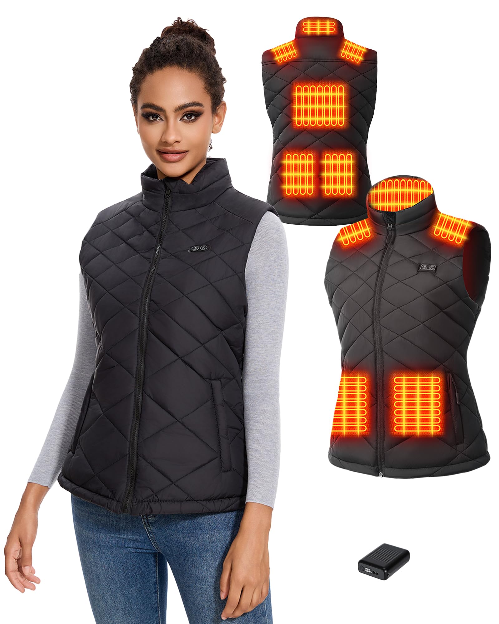 Chaleco Calefactable Mujer con Batería 18400mAh 7.4V, Chaleco Eléctrico Ligero Cálido con 8 Zonas de Calor, Lavable a Máquina, Chaleco Térmico Para Invierno