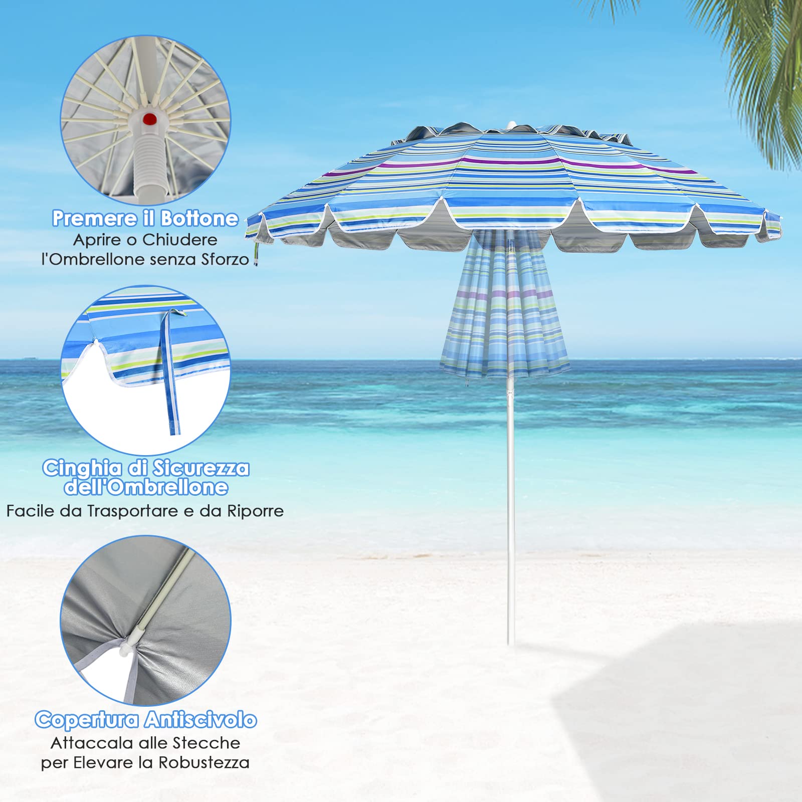 RELAX4LIFE Ombrellone da Spiaggia e Esterno 2,43M, Tettuccio Inclinabile, Protezione Solare UV50+, Telaio a 16 Stecche in Fibra di Vetro, Base non Inclusa, per Mare/Giardino/Campeggio (Righe Fini)