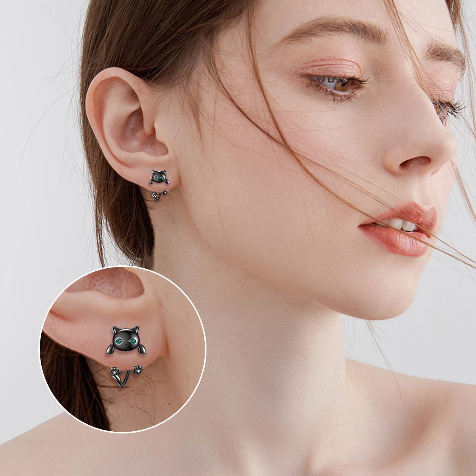 POPLYKE Schwarze Katze Ohrstecker für Frauen 925 Sterling Silber Katze Ohrringe für Mädchen Schwarze Katze Schmuck Geschenke für Katzenliebhaber