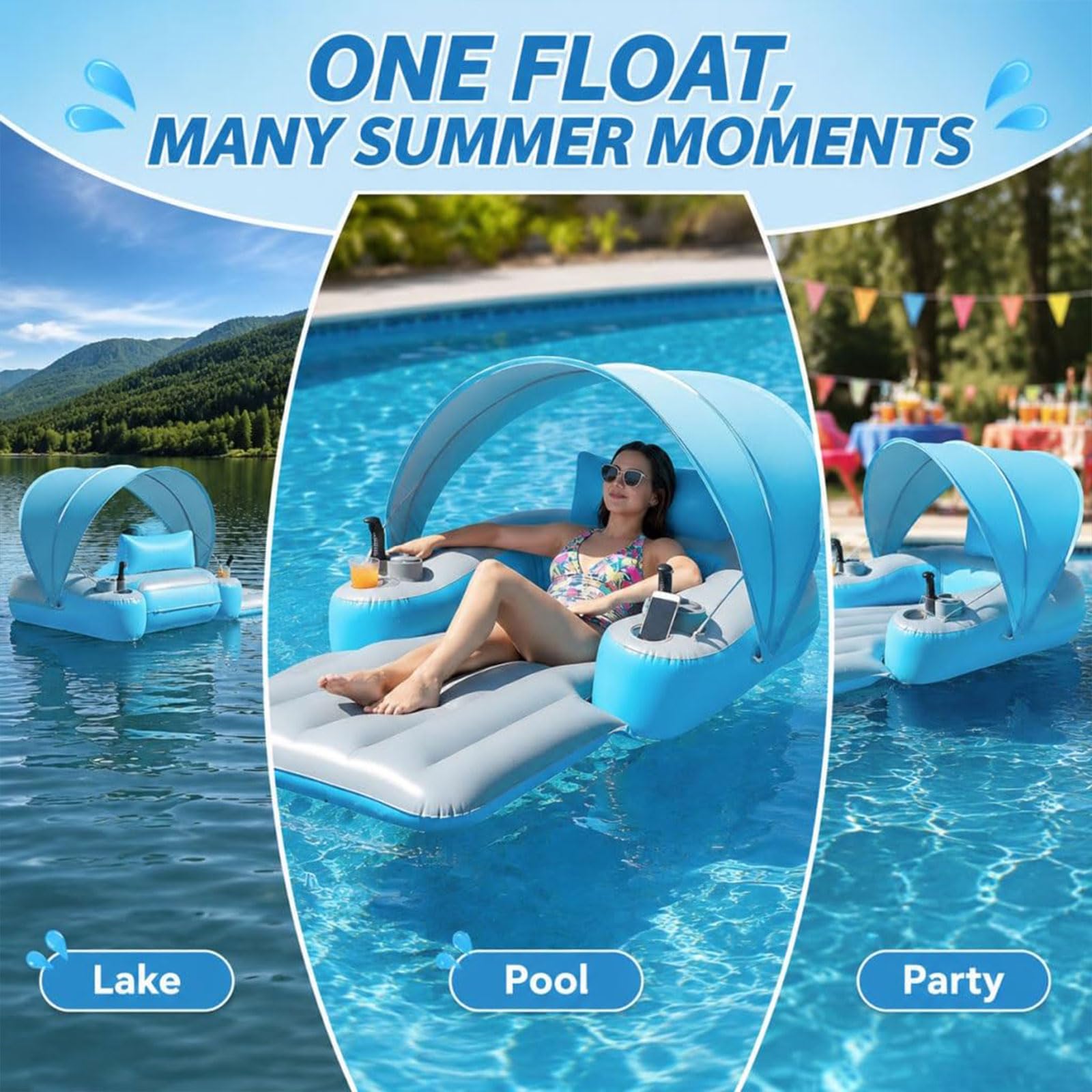 Tumbona motorizada con toldo, silla flotante inflable recargable con propulsor giratorio de 360° y bomba de aire para piscina, lago, playa, vacaciones