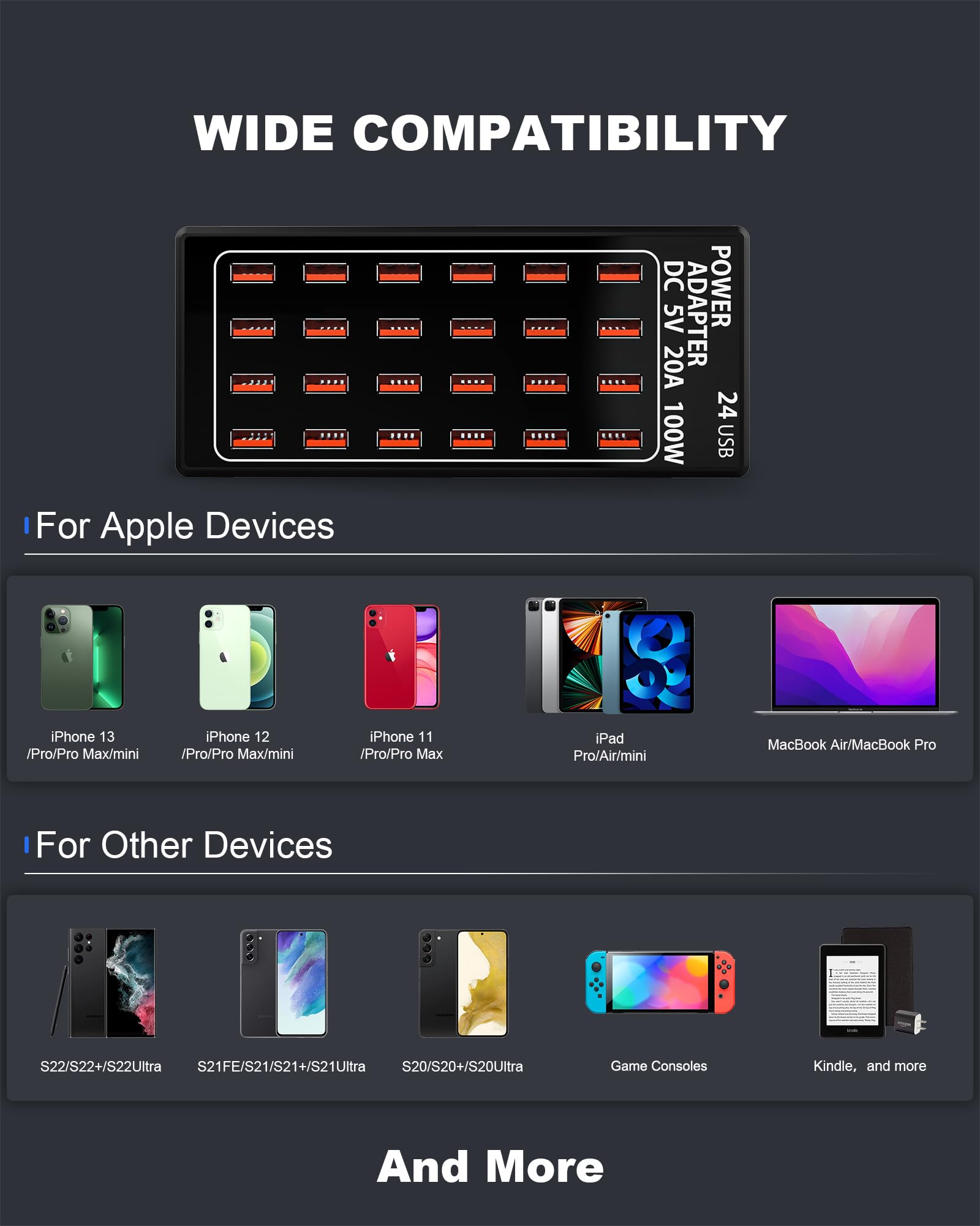 Stazione di ricarica USB a 24 porte, 100 watt (20 A), caricabatterie rapido da viaggio, organizer per stazione di ricarica rapida multi porta, compatibile con smartphone, tablet e altri dispositivi