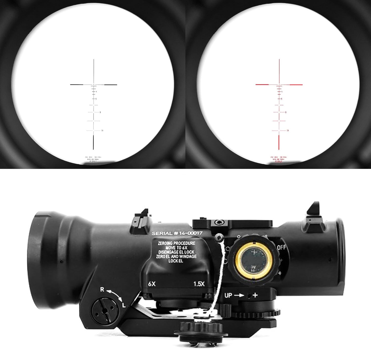 Dual Purpose 1.5-6X Fixed Scope with 1.5 MOA/6 MOA Illuminated Red Dot，Two Optical Reticle Modes，Multiple Brightness Settings，with Integrate QD Quick Release/Detach Mount Base，for 20mm Rail Mounting