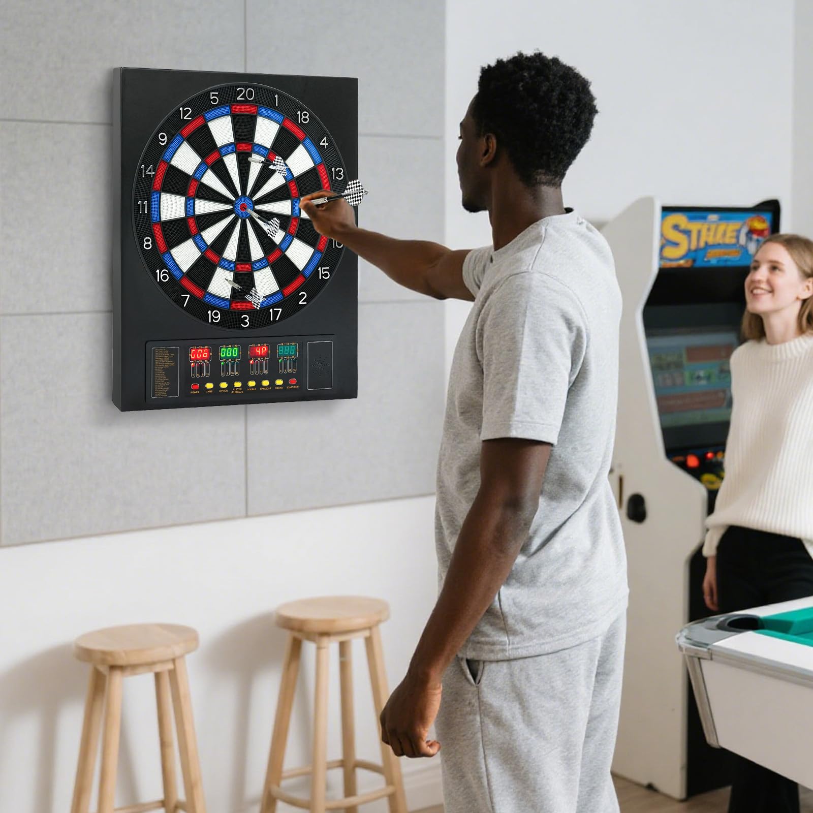 Diana electrónica con voz, pantalla 4 LED y 12 dardos, 27 categorías de juego para 1 a 16 jugadores