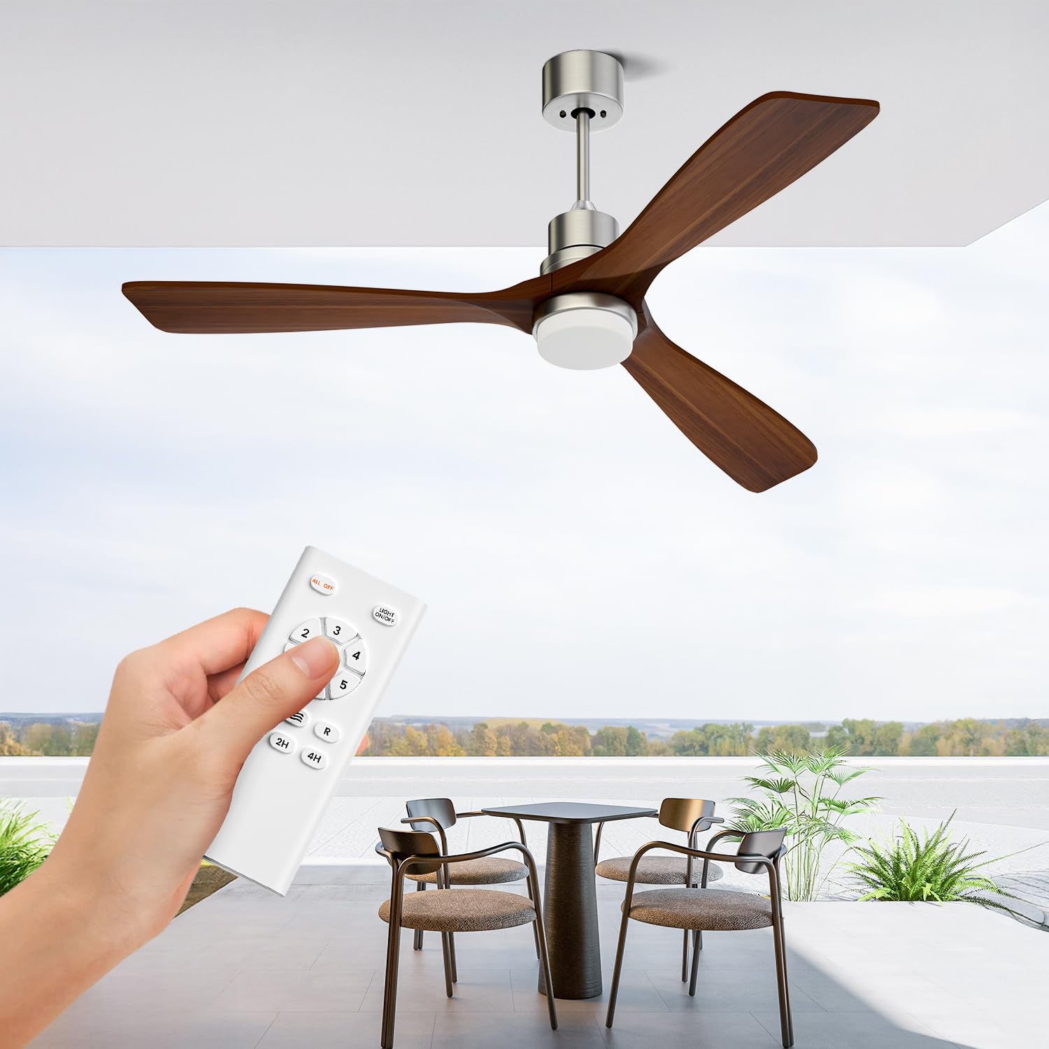 Obabala 52 Inch Ceiling Fans with Lights and Remote Control-Outdoor Ceiling Fan Walnut Wood 3 Blade for Bedroom Living Room Indoor Farmhouse Patio, Reversible Noiseless DC Motor