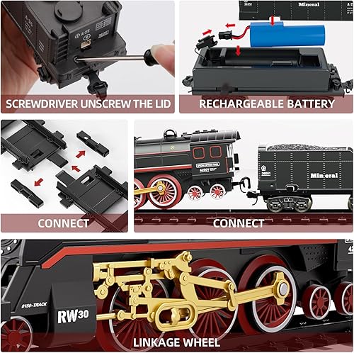 Miniatura 3 de AIQI Juego de tren eléctrico para niños y niñas con humo, luces, sonido, pistas, tren de juguete eléctrico con motor de locomotora de vapor, autos