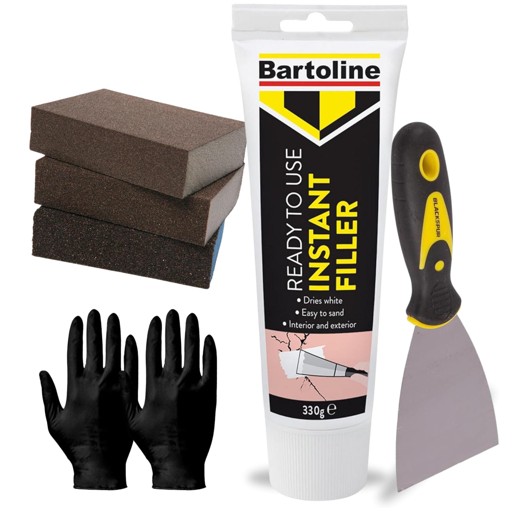Jbl General White Wall Repair Kit With Ready Mixed Filler 330G Wall Filler For Cracks Holes Gaps Plaster Plasterboard Wood Brick Includes Scraper Sandingblocks Gloves Interior Exterior