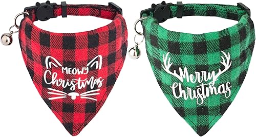 ADOGGYGO - Collares de Navidad para gatos con campana, desmontables, paquete de 2, collares ajustables de Navidad a cuadros rojo y verde para gatos