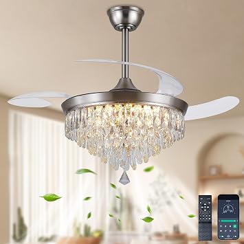 Ayaoty Retractable Crystal Ceiling Fans with Lights and Remote/APP - Low Profile Modern Chandelier Fan with 6 Speeds 3CCT, Reversible Quiet Motor, Indoor Ceiling Light Fandelier for Bedroom - Nickel