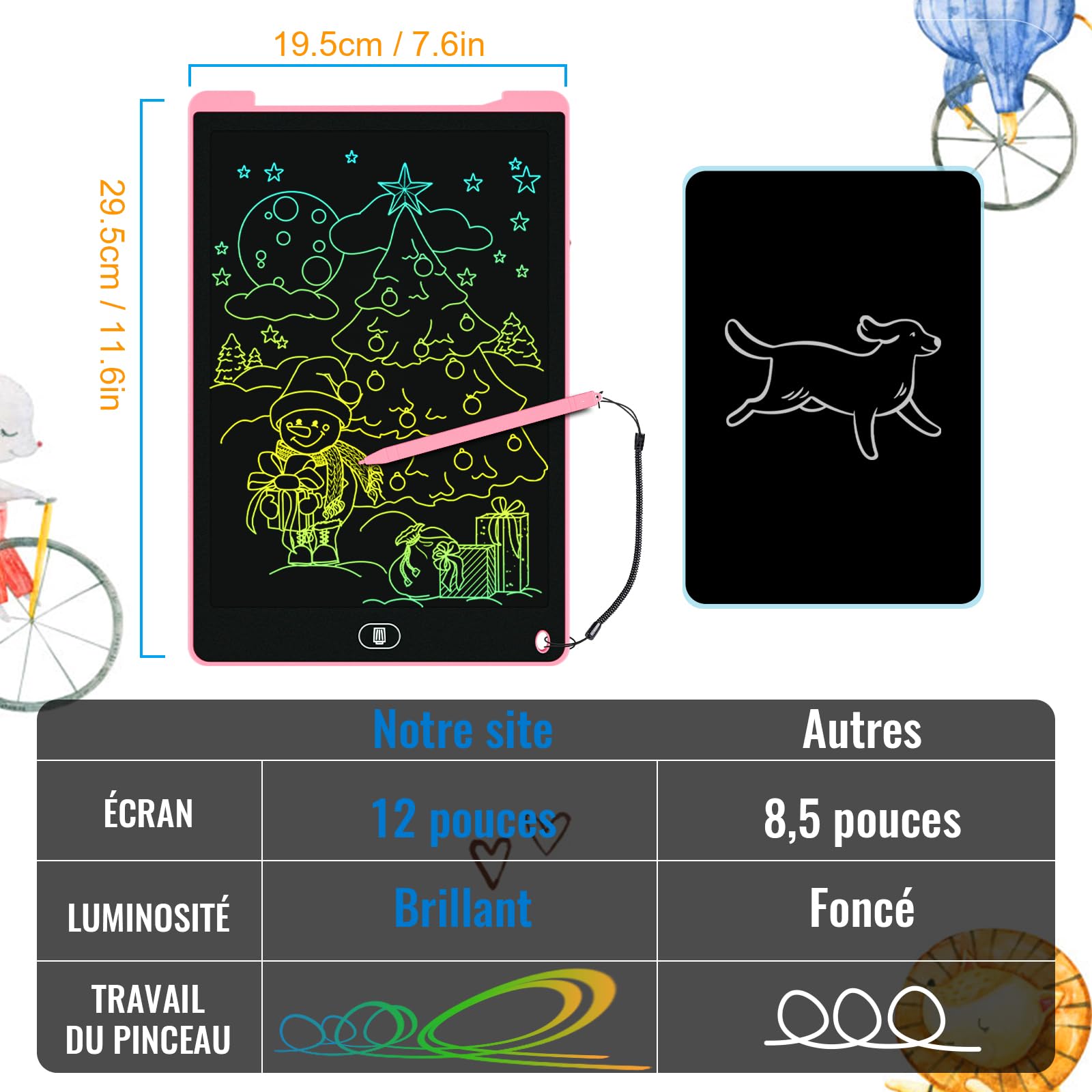 Electight Tablette Dessin Enfants 12 Pouces LCD Colorée avec Bouton Effacement Verrouillage Bleu Rose Violet