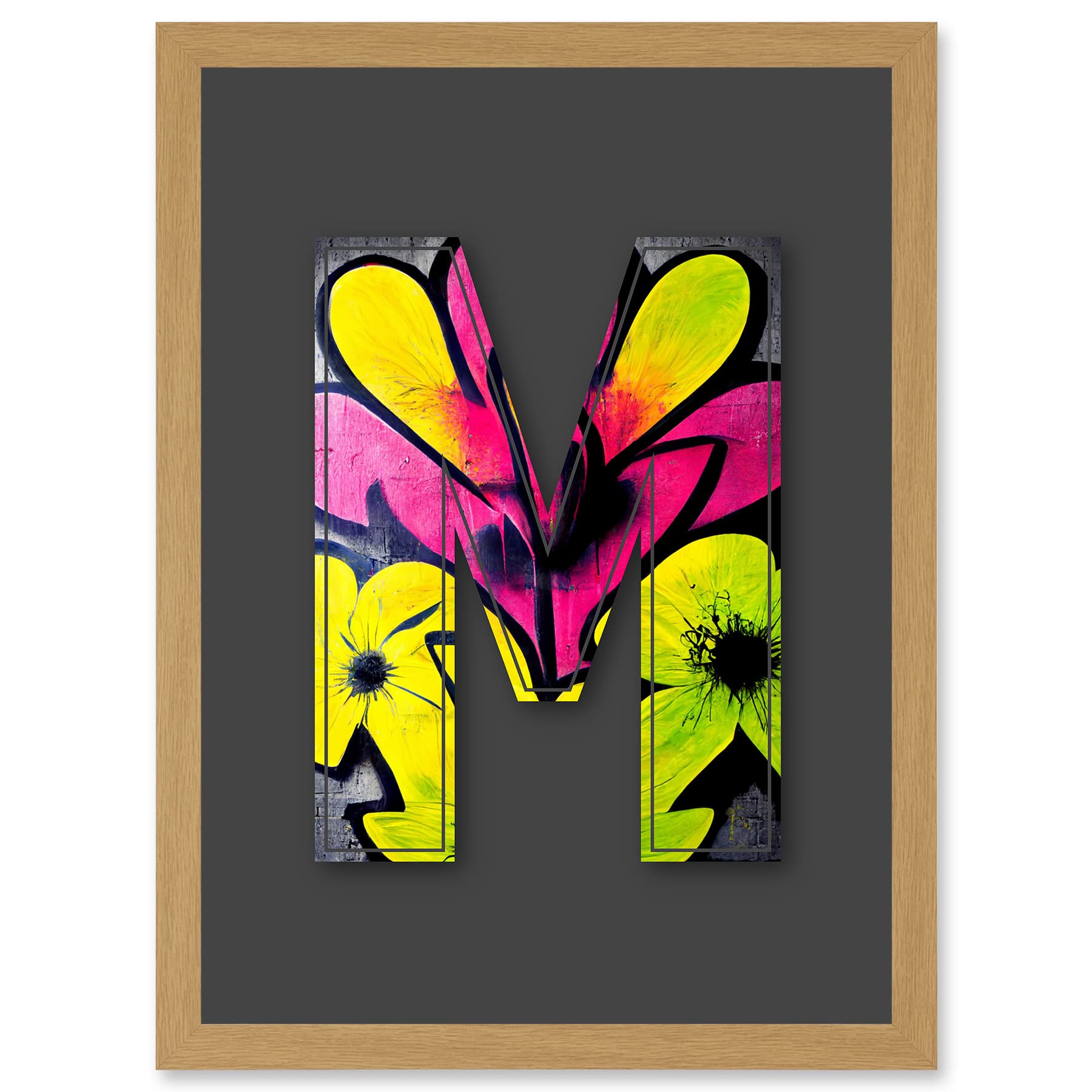 Artery8 Letter M Neon Yellow Flower Graffiti Mural Framed Wall Art Print A4
