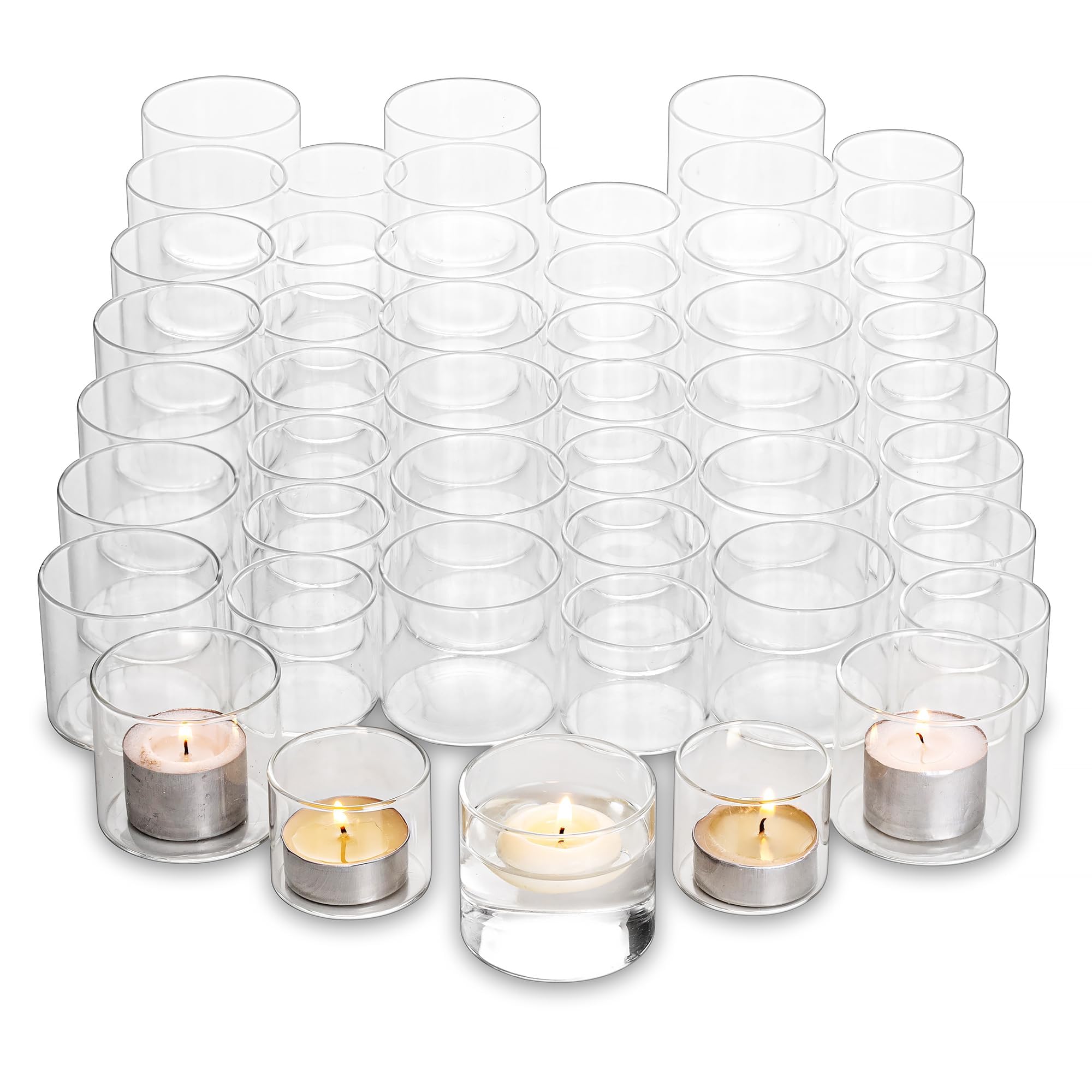 Hewory Portavelas para velas de té, 48 portavelas votivos de vidrio transparente, velas flotantes y portavelas para decoración de mesa de boda, centro de mesa, sala de estar, decoración del hogar