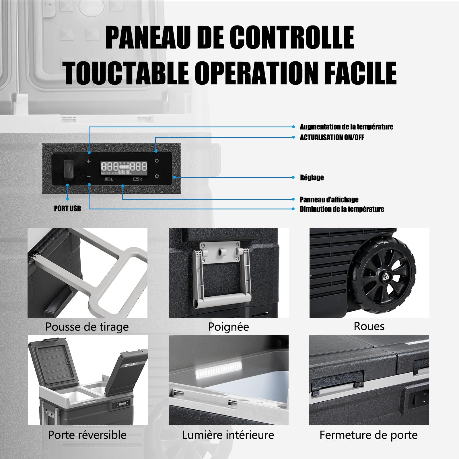 UD55 49L Bi-Zonal Réfrigérateur de Voiture Portable congélateur et réfrigérateur, Glaciere Électrique à Compression pour Maison, dortoir, Camping, Avec Roues, -20℃ BIS 20℃