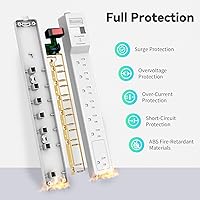 Vista 3 de PLUGTUL Protector de sobretensiones de 12 pies (980 julios), tira de alimentación de enchufe plano, cable de extensión con múltiples tomas, 7 tomas